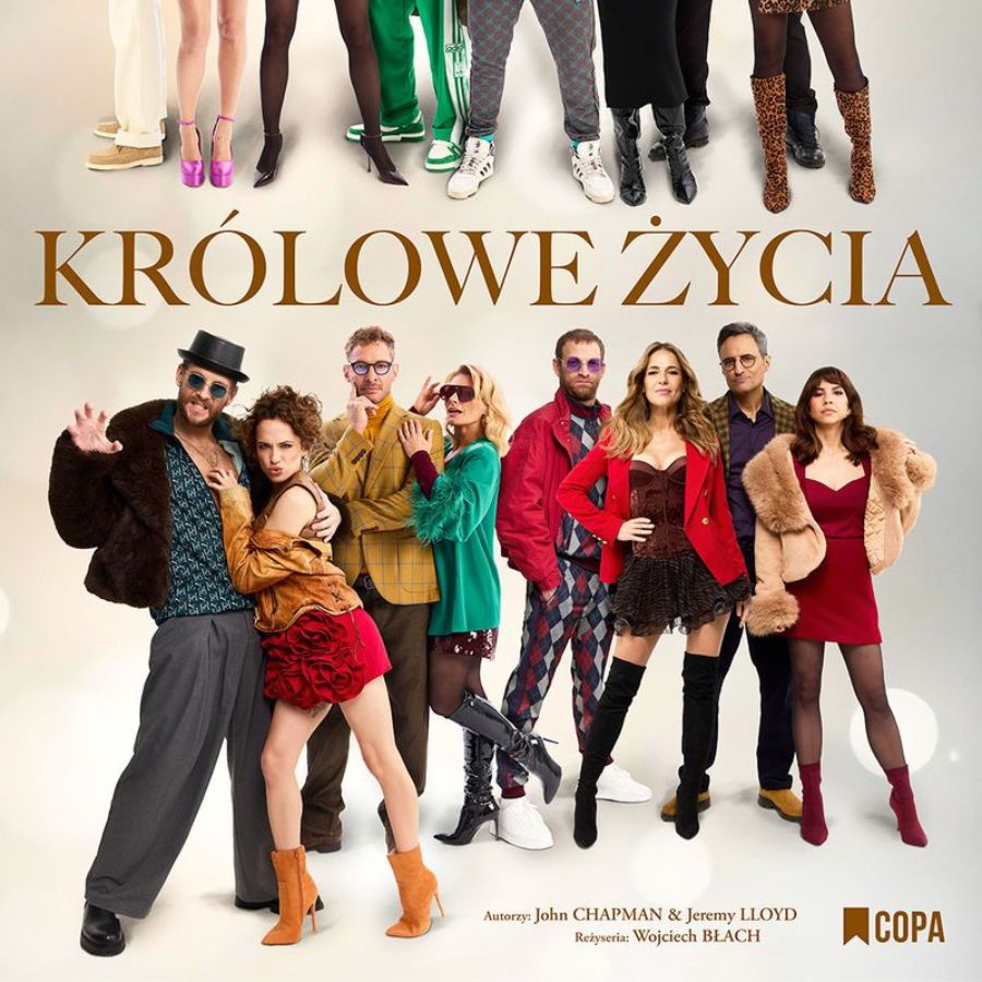 Movie poster showing a group of stylish adults in colourful party outfits posing beneath the Polish title "KRÓLOWE ŻYCIA"
