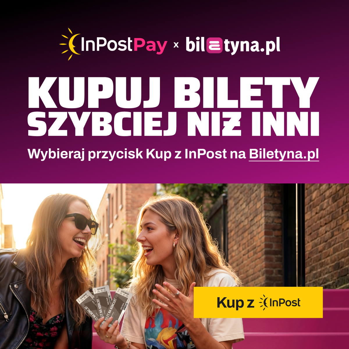 Promotional banner for InPostPay x Biletyna.pl: two smiling women holding event tickets with call-to-action to buy tickets faster via InPost