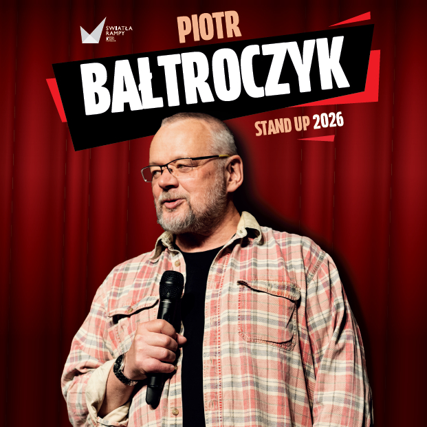 Middle-aged male stand-up comedian holding a microphone on stage with red curtains and bold poster text advertising Stand Up 2026