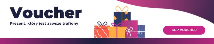 Promotional voucher banner with colourful stacked gift boxes, Polish tagline and 'Kup Voucher' call-to-action button
