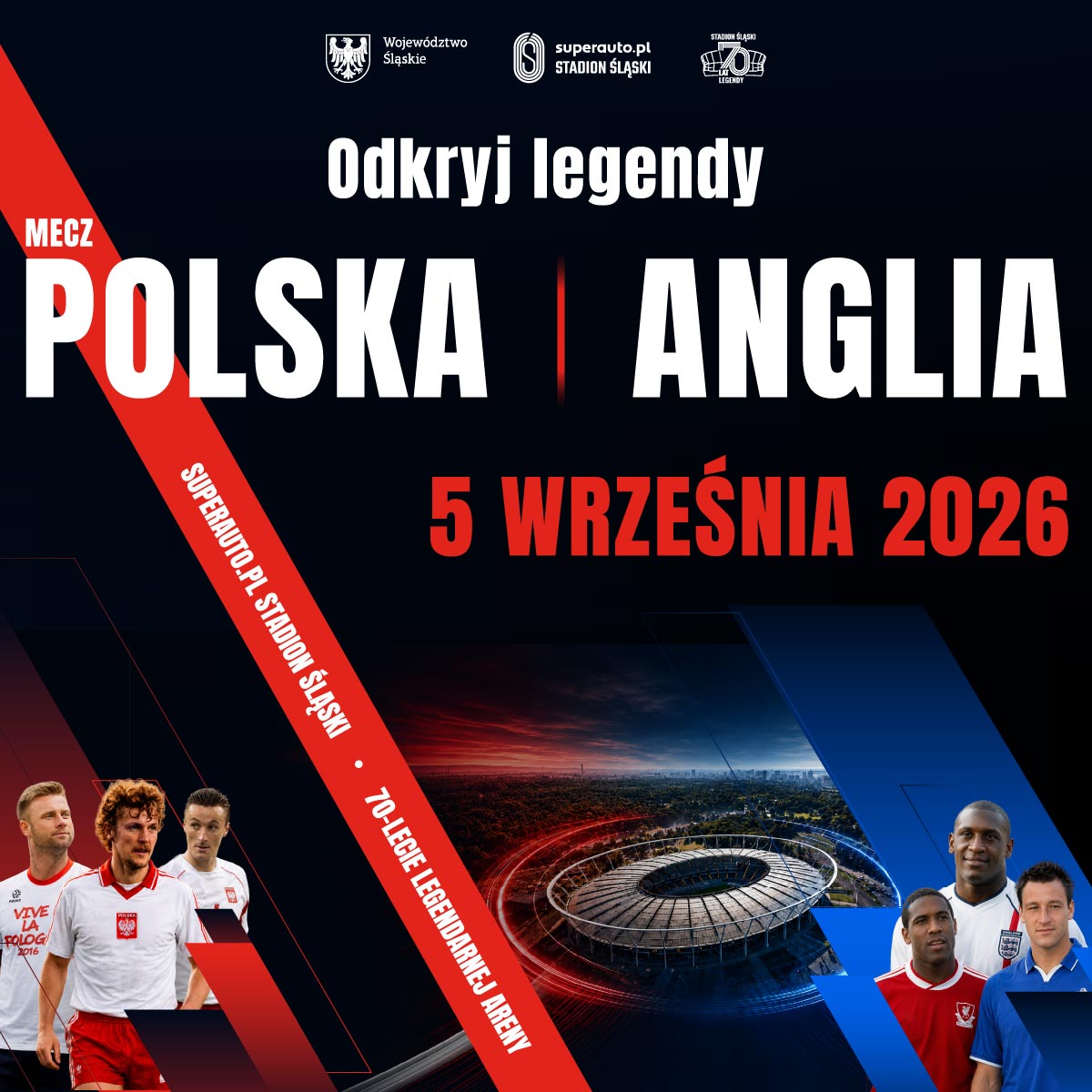 Promotional poster for Poland v England football match at Stadion Śląski, 5 September 2026, featuring stadium and players