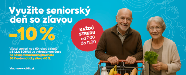 Využite seniorský deň so zľavou 10%. Na nákup v maximálnej hodnote 50 €.