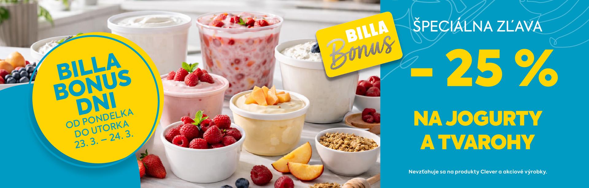 Využite 25 % zľavu s BILLA Bonus na jogurty a tvarohy od pondelka 23.3.2026 do utorka 24.3.2026