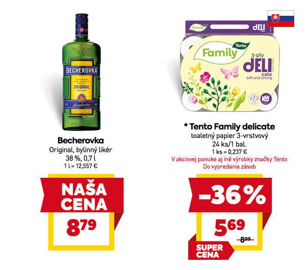 Na obrázku sú dva produkty. Naľavo je obrázok Becherovka Original, bylinný likér, 38 %, 0,7 l. Akciová cena je 8.79 €. Napravo je obrázok Tento Family delicate, toaletný papier 3-vrstvový, 24 ks/1 balenie. V zľave 36%. Akciová cena je 5.69 €.