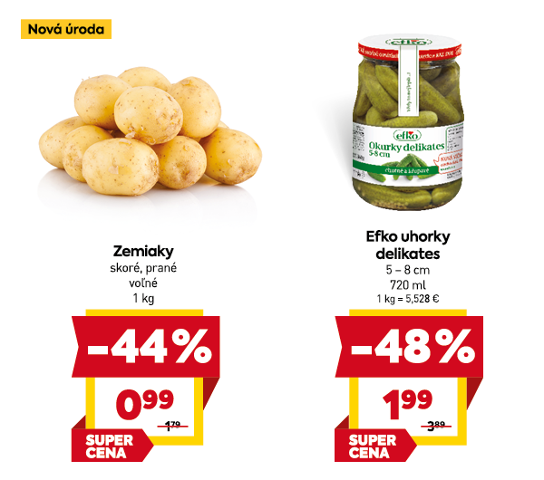 Na obrázku sú dva produkty. Naľavo je obrázok Zemiaky, skoré, prané, voľné, 1 kg. V zľave 44%. Akciová cena je 0.99 €. Napravo je obrázok Efko uhorky delikates, 5-8 cm, 720 ml. V zľave 48%. Akciová cena je 1.99 €.