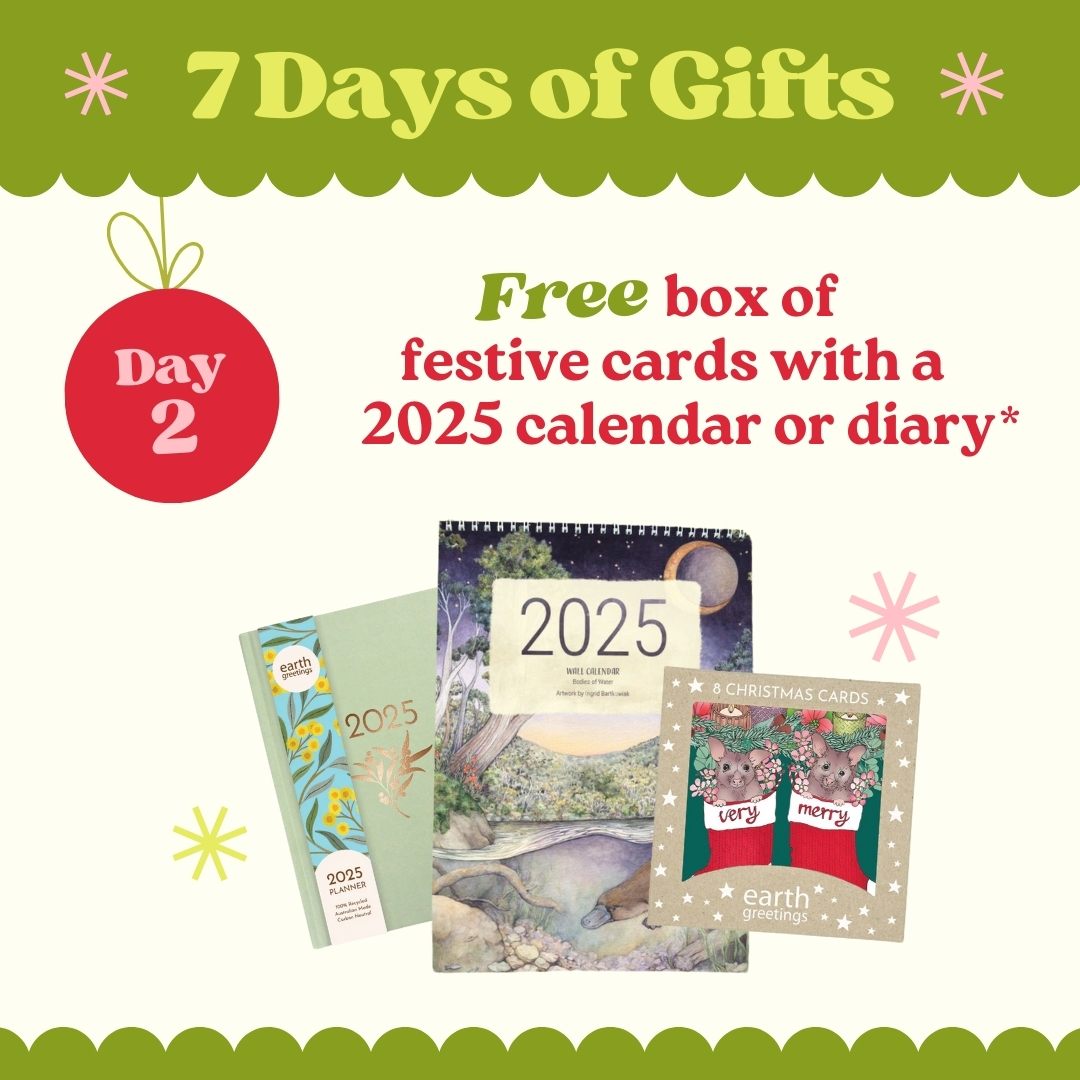 With every 2025 Calendar or Diary, receive a free box of Christmas Cards valued at $14.95.  Today only.