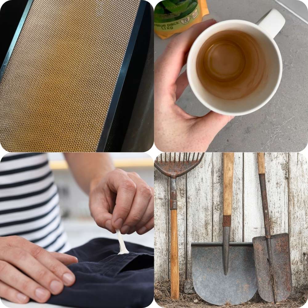 Range hood vent cover, tea cup stains, chewing gum, rusty tools