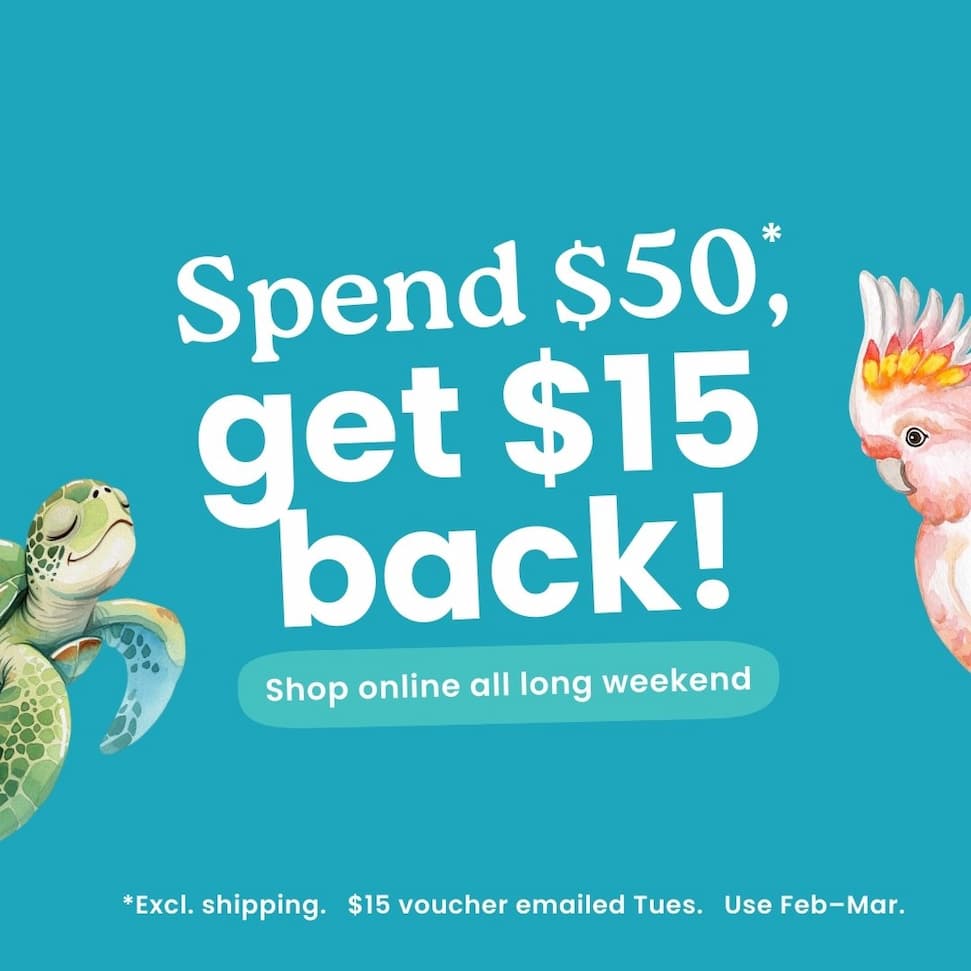 Receive a $15 voucher to shop again with all orders over $50 (excluding shipping).