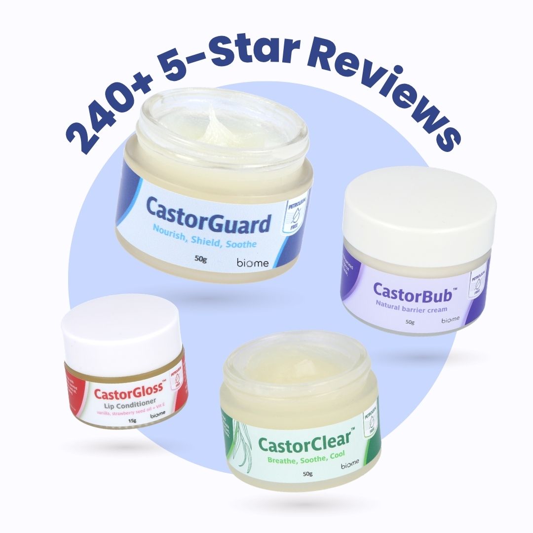 CastorGuard Family petroleum-free balms powered by castor oil including CastorGuard, CastorGloss, CastorClear and CastorBub