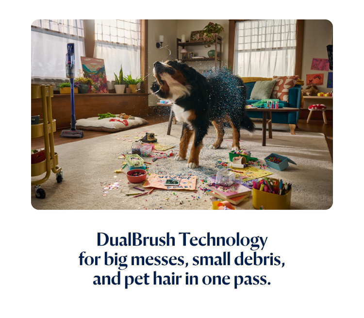 DualBrush Technology for big messes, small debris, and pet hair in one pass.
