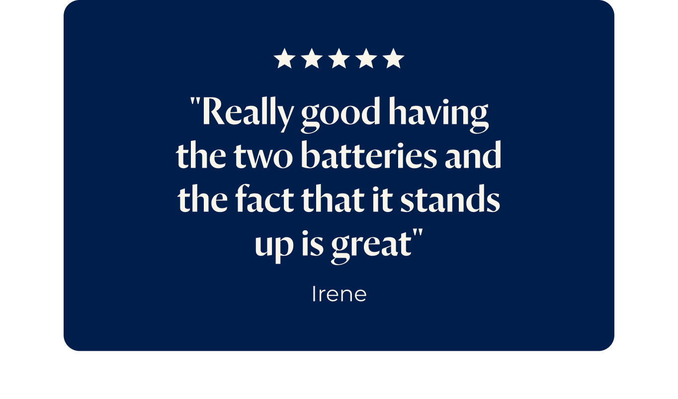 "Really good having the two batteries and the fact that it stands up is great"