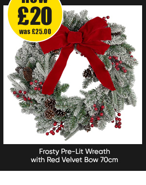 Frosty Pre-Lit Wreath with Red Velvet Bow 70cm