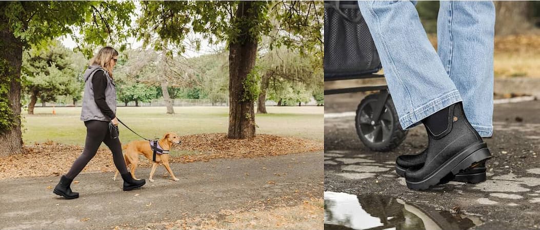 A woman walks her dog outdoors wearing her pair of black Hazel Chelsea