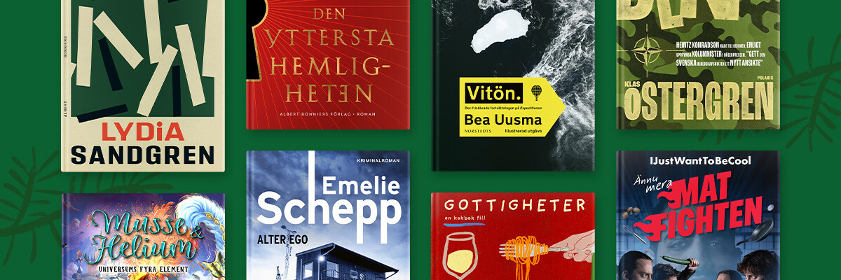 Reklambanner för Jul på Bokus som visar upp böcker av olika kategorier.