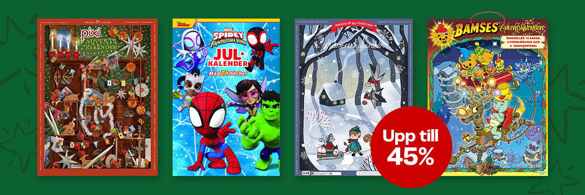 Reklambanner med adventskalendrar för barn i olka varianter, med röd prissplash: upp till 45%.