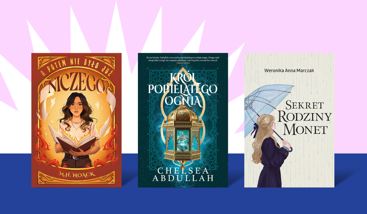 Three fantasy book covers side by side on pink and blue background: woman with glowing book, ornate lantern, woman with umbrella.