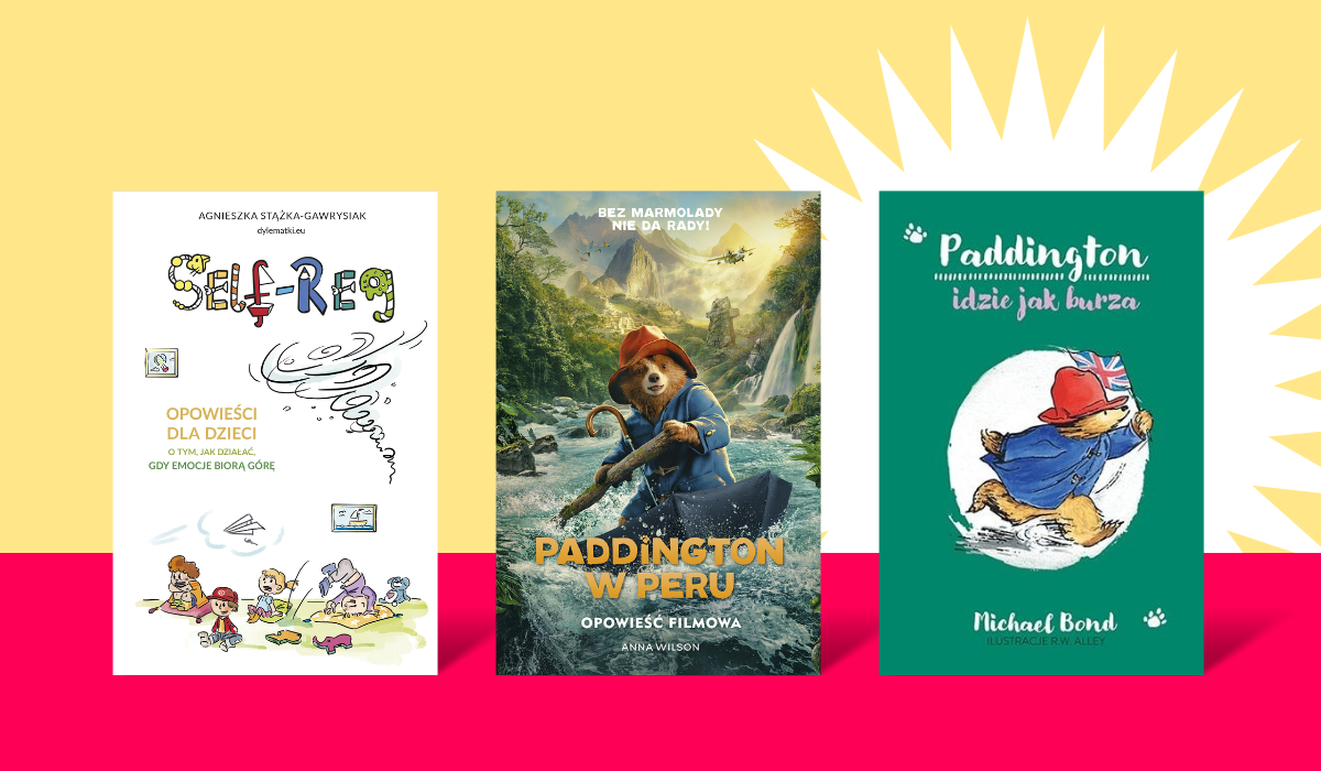 Three children's book covers on colourful background: Self-Reg illustration, Paddington in Peru film poster, and green Paddington book cover