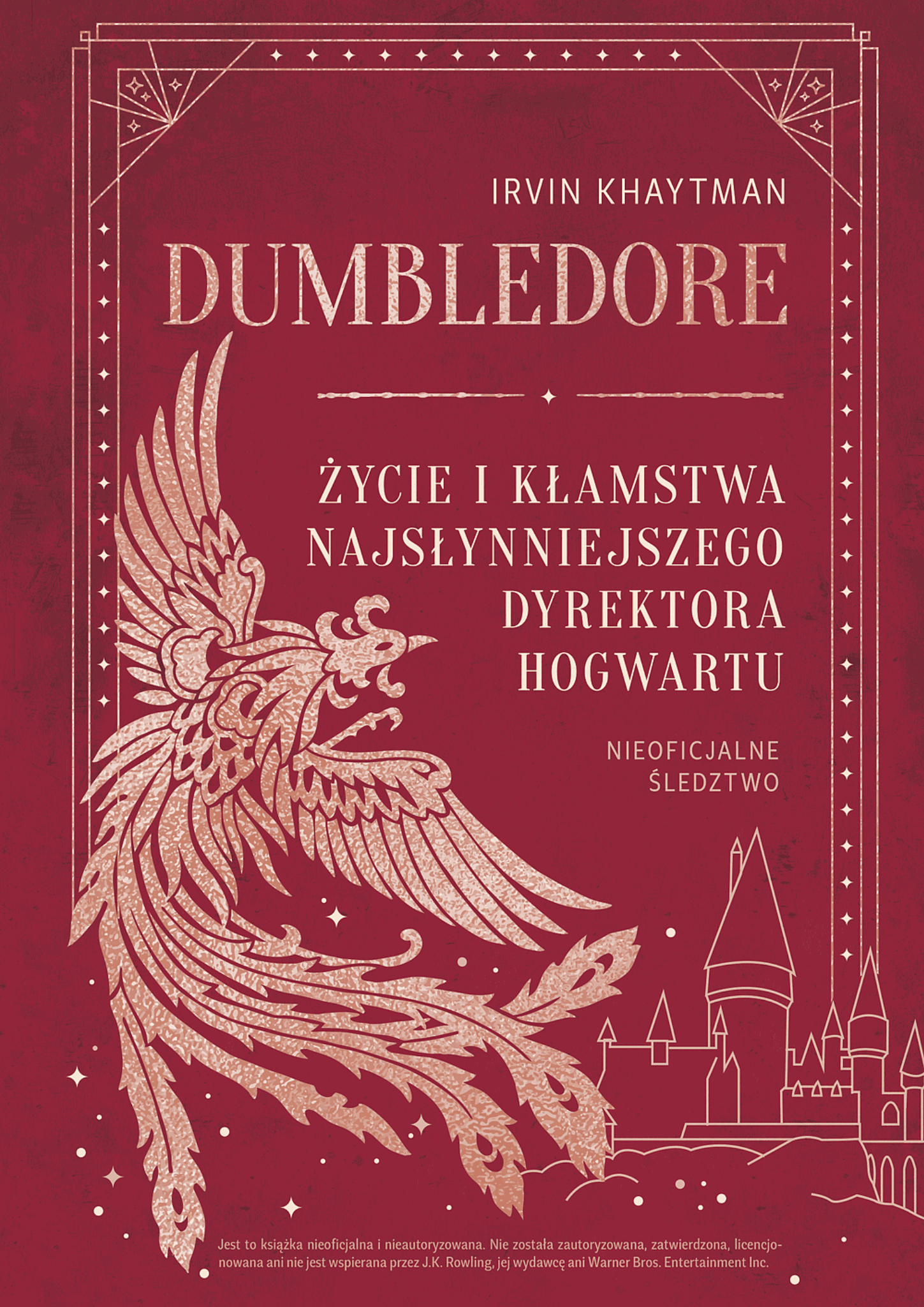 Maroon book cover with gold phoenix illustration, title 'Dumbledore', author Irvin Khaytman and Polish subtitle about Hogwarts headmaster