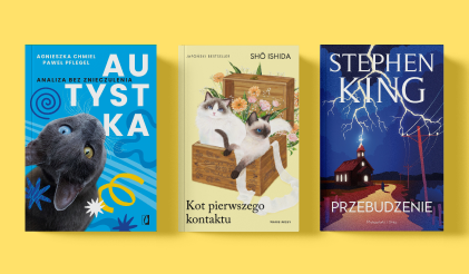 Three book covers on yellow background: two cat-themed (black cat close-up; two white cats in a wooden crate) and a Stephen King book showing a house with lightning