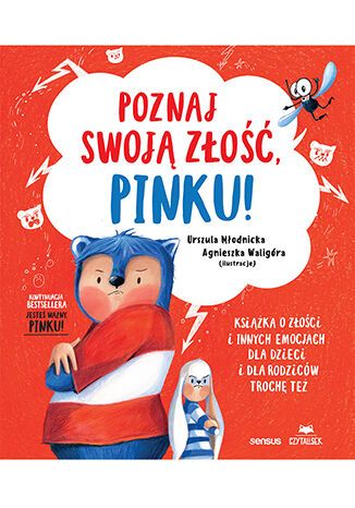 Polish children's book cover 'Poznaj swoją złość, Pinku!' blue‑haired character hugging a red cushion and small rabbit on red background