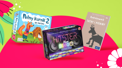 Three Polish items on colourful background: Pełny kurnik 2 card game, Hitster Bingo box, Podróżownik Tatry i Pieniny guide