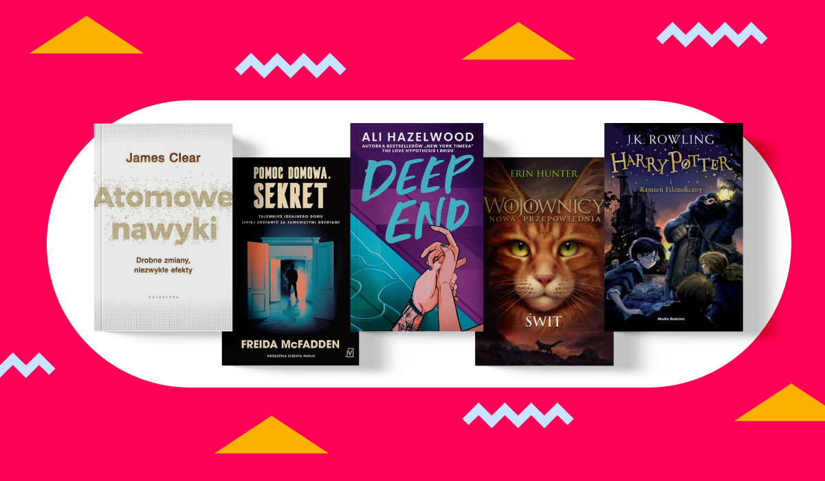 Five colourful book covers in a row on a white oval against a bright pink geometric background, mixing fiction and self‑help titles