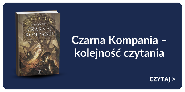 Book cover of 'Czarna Kompania' on navy background with Polish heading 'Czarna Kompania – kolejność czytania' and 'Czytaj' button