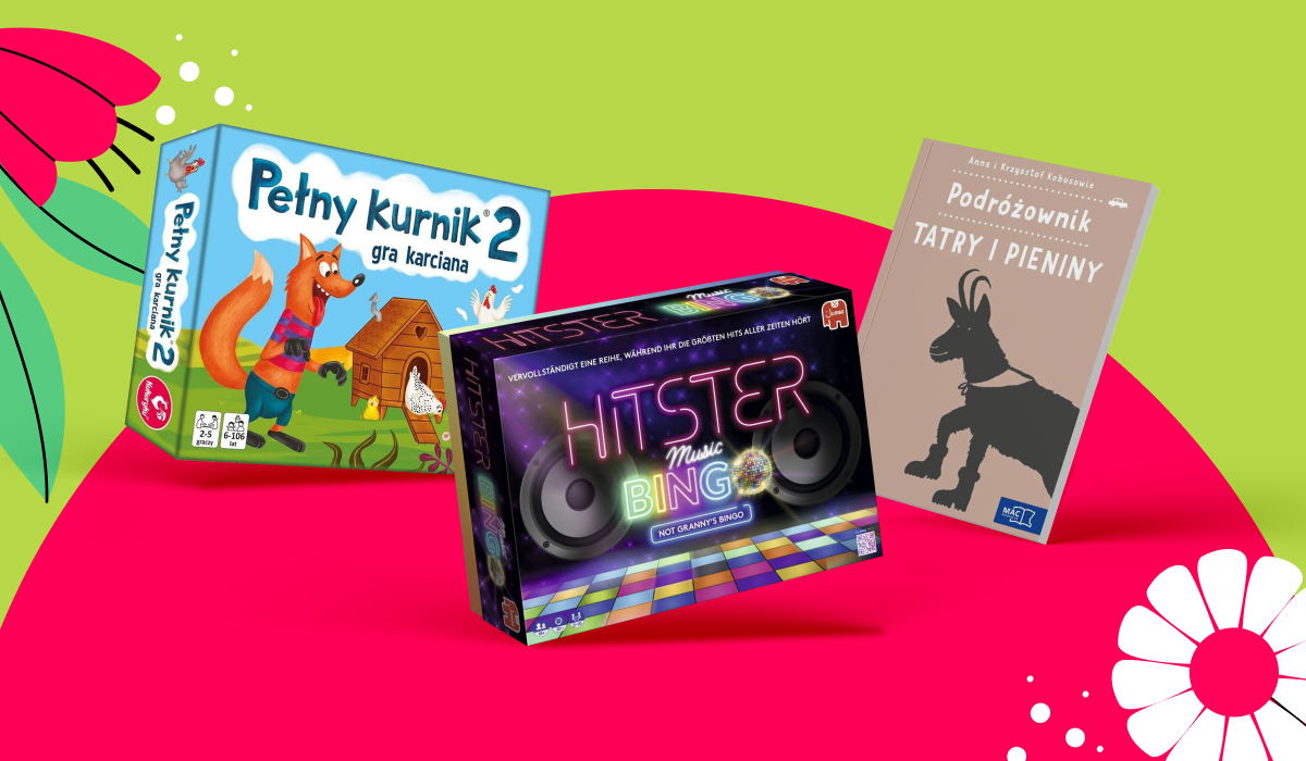 Three colourful product boxes — Hitster Music Bingo, a family card game and a travel guide — displayed on bright pink and lime green background