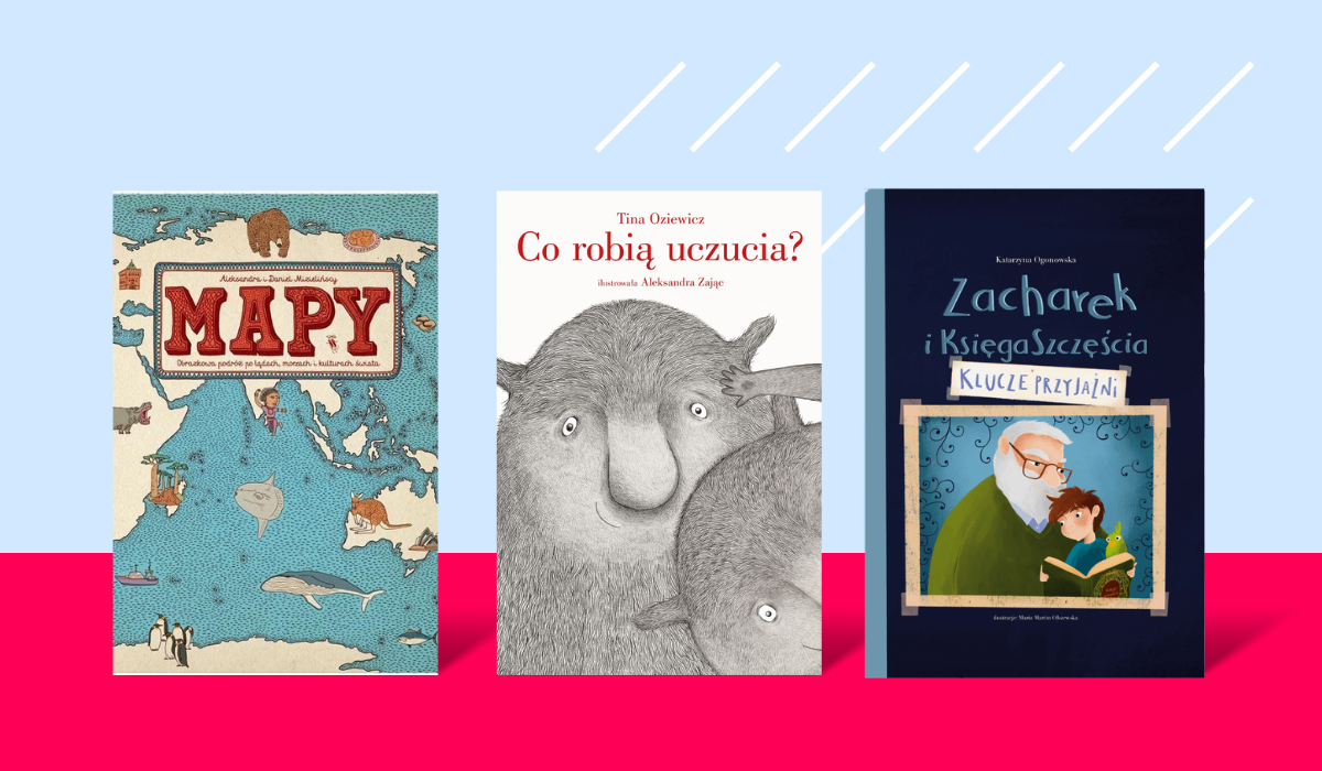Three illustrated Polish children's book covers on blue and pink background: 'Mapy', 'Co robią uczucia?', 'Zacharek i Księga Szczęścia'