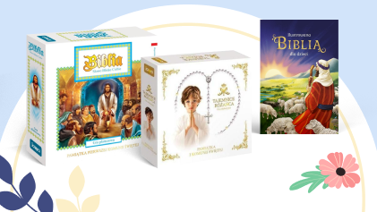 Three illustrated children's Bible boxed sets and book covers featuring biblical scenes and a praying child, colourful artwork
