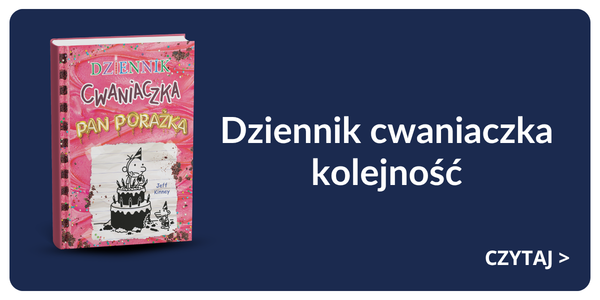 Pink book cover reading "Dziennik cwaniaczka: Pan Porażka" with a birthday cake illustration on a dark blue banner and a "Czytaj" CTA