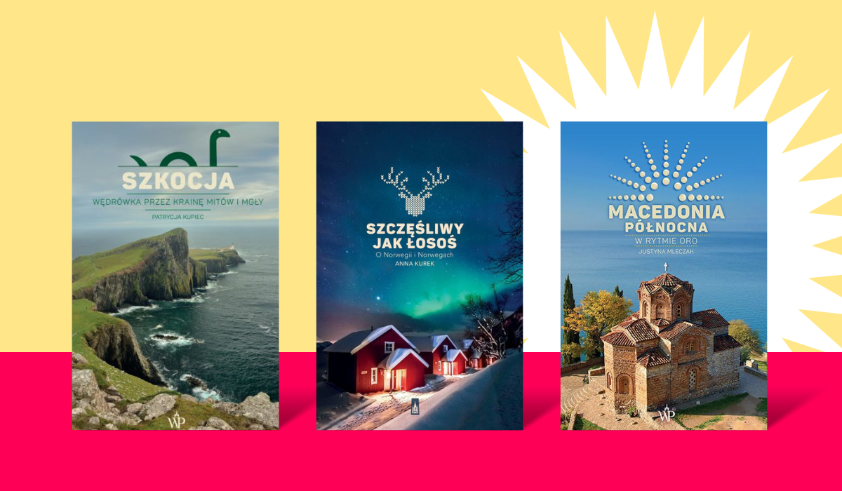 Three travel book covers on colourful background: Scotland cliffs, Norwegian snowy village under aurora borealis, and North Macedonia church by the sea