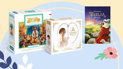 Three illustrated religious book boxes on a pastel background: children's Bible set, white devotional box with a girl and rosary, and an illustrated Biblia cover with a shepherd