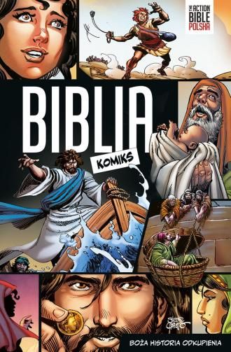 Polish comic cover 'Biblia Komiks' showing illustrated biblical scenes: Jesus on water, prophets, fishermen and expressive faces