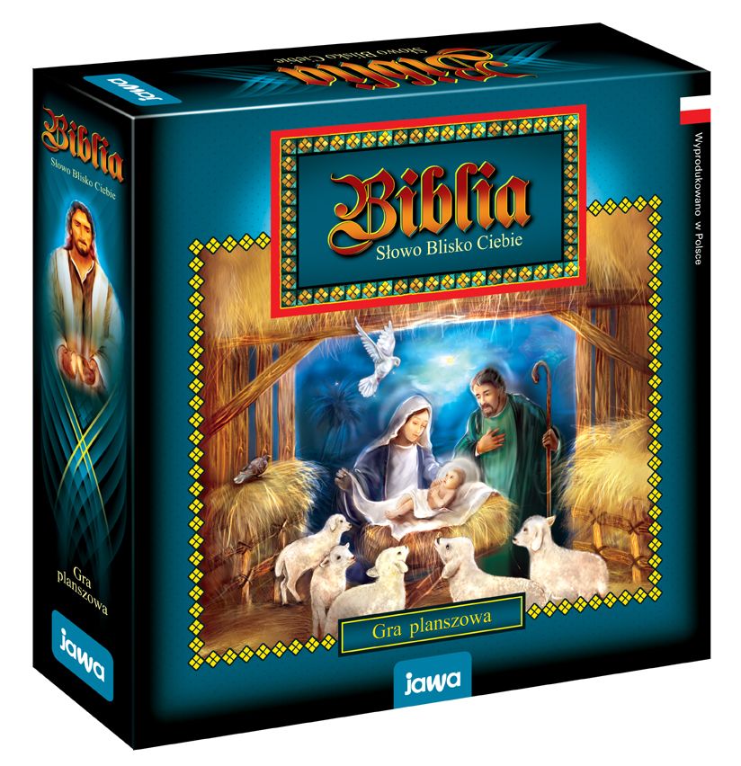 Box of 'Biblia' Polish board game showing a nativity scene with Mary, Joseph and baby Jesus in a manger, sheep and dove