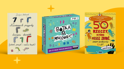 Three colourful Polish children's books and an educational multiplication board game displayed on a bright yellow background