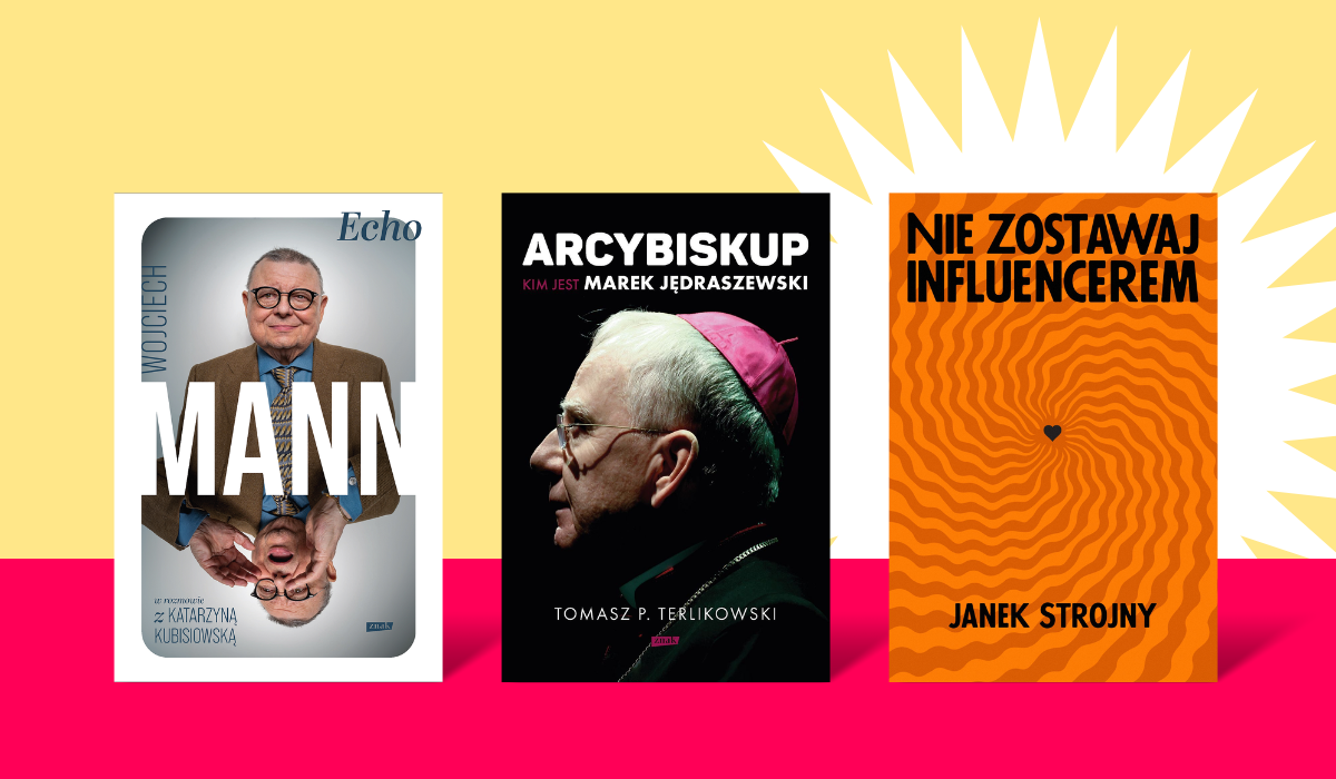 Three colourful book covers on a bright background: mirrored portrait on left, bishop profile in centre, orange wavy cover with Polish text on right