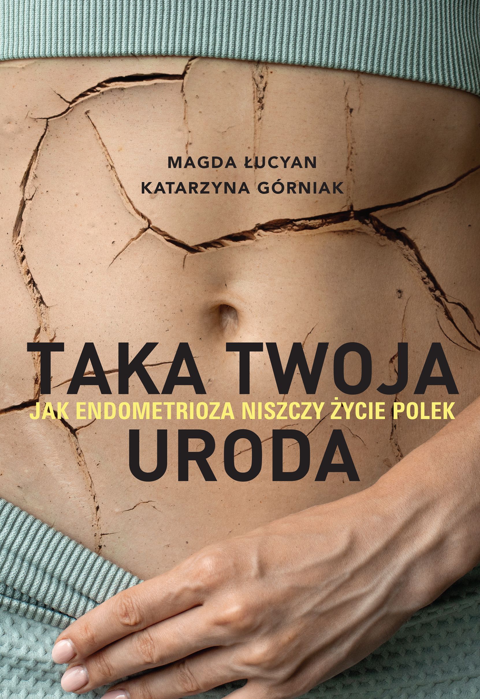 Close-up of a woman's abdomen with cracked-earth texture and hand, metaphor for endometriosis and women's health