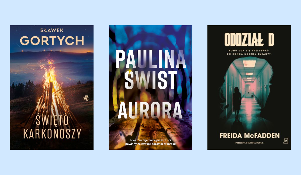 Three book covers: bonfire on hill — Święto Karkonoszy; blurred colourful lights — Aurora; dark hospital corridor — Oddział D