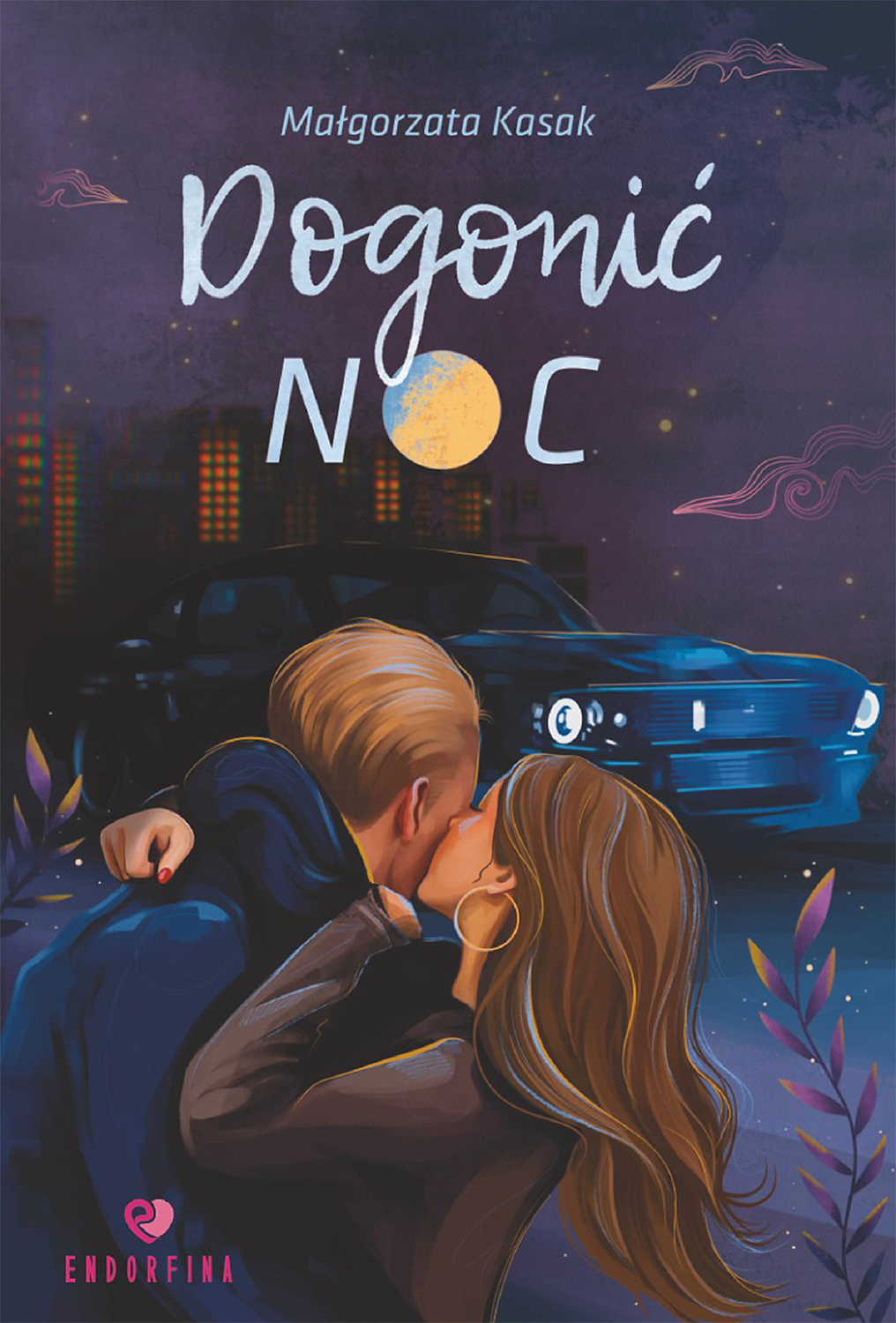 Book cover: 'Dogonic Noc' by Malgorzata Kasak — couple kissing by a parked blue car at night with city skyline, moon and publisher logo