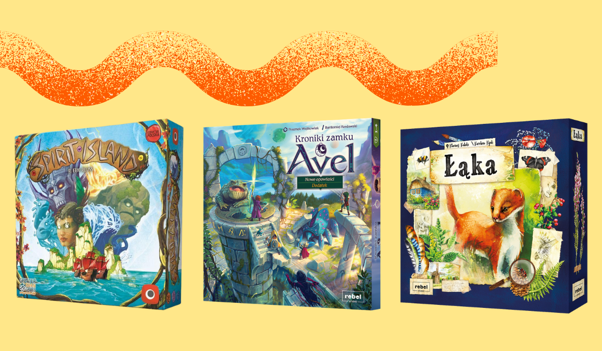 Three colourful board game boxes — Spirit Island, Kroniki Zamku Avel and Łąka — arranged on a yellow background with an orange wavy stripe