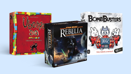 Three board game boxes—Ubongo 3D, Star Wars: Rebellion and BombBusters—arranged on a pale blue background