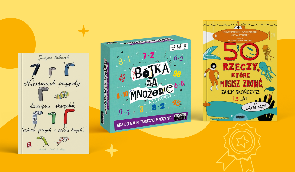 Three colourful Polish children’s books and a multiplication learning game box arranged on a bright yellow background