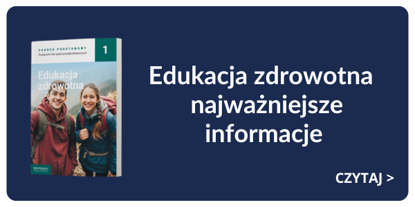 Polish health education booklet cover showing two smiling hikers and the title 'Edukacja zdrowotna – najważniejsze informacje'