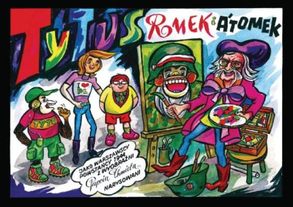 Colourful 'Tytus, Romek i Atomek' comic cover showing a cartoon monkey, two youths and a painter wizard at an easel with Polish text