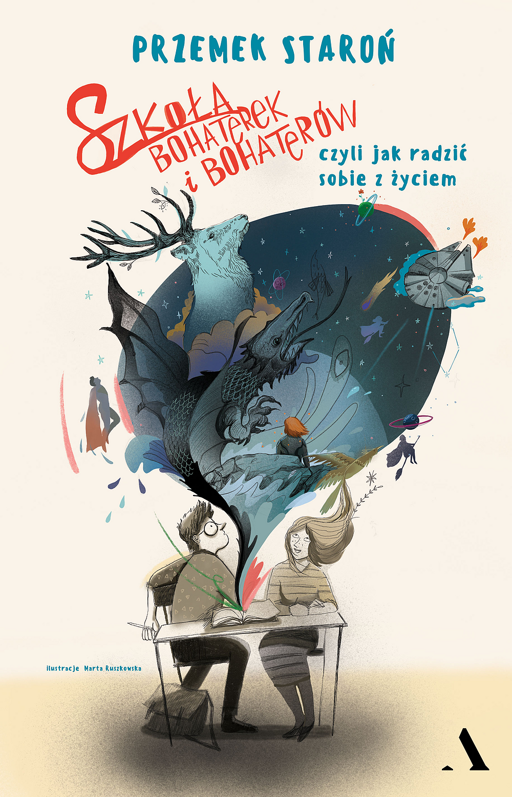 Book cover illustration of two students at a desk imagining a dragon, stag and spaceship with Polish title and author name