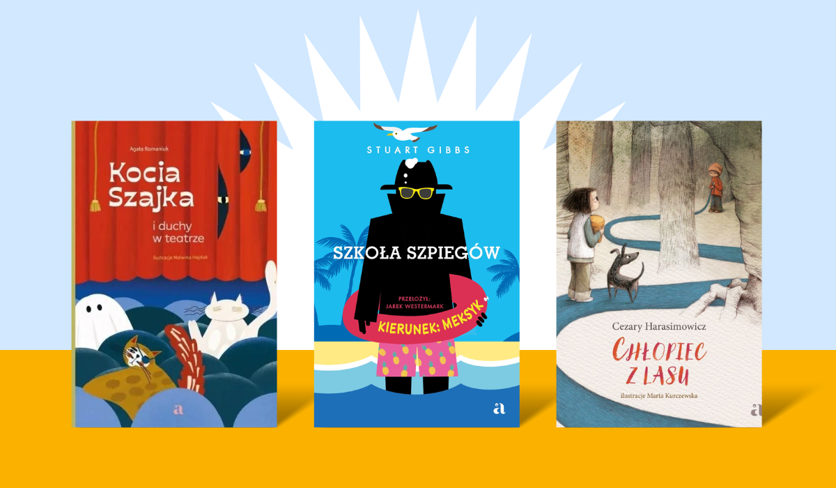 Three colourful children's book covers side-by-side on a bright background: 'Kocia Szajka', 'Szkoła Szpiegów' and 'Chłopiec z lasu'.
