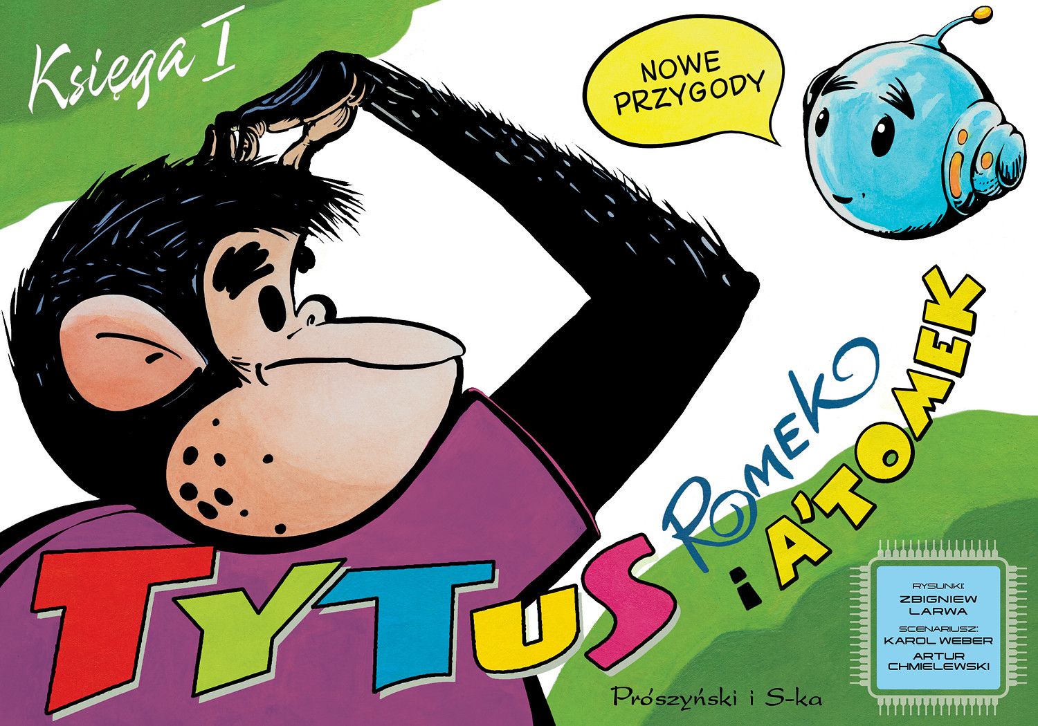 Colourful comic-book cover: cartoon chimp character Tytus looking up beside a floating blue robot, Polish title text.