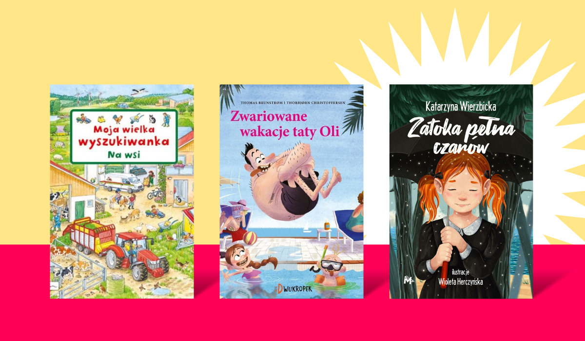 Three colourful children's book covers on yellow and pink background: farm search scene, dad diving into pool, girl with umbrella