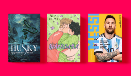 Three book covers on pink: 'Husky' with sea serpent; 'Heartstopper' of two boys hugging; book showing a footballer in white blue kit